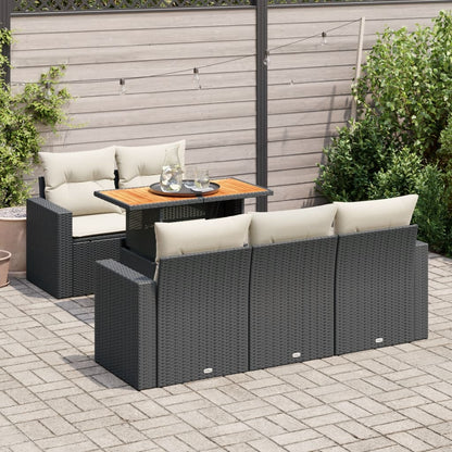 6-delige Loungeset met kussens poly rattan zwart