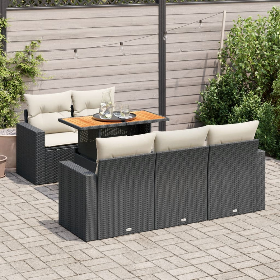 6-delige Loungeset met kussens poly rattan zwart