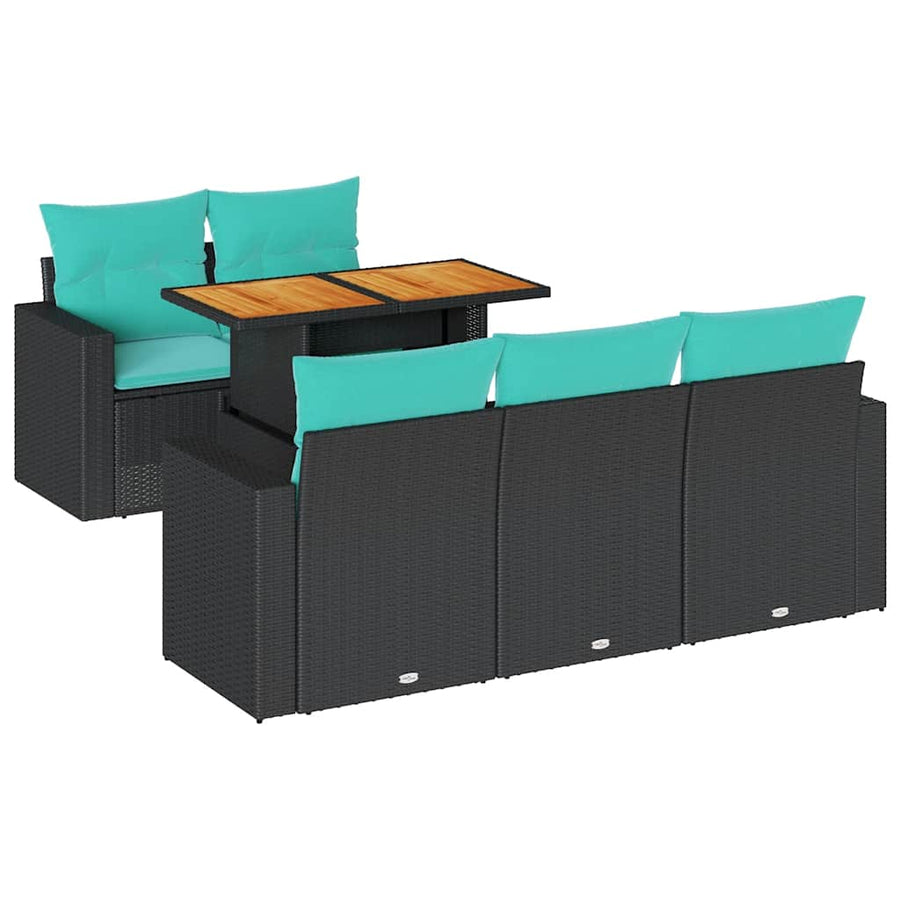 6-delige Loungeset met kussens poly rattan zwart