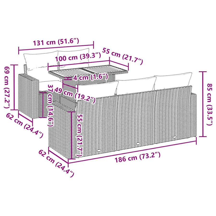 6-delige Loungeset met kussens poly rattan zwart