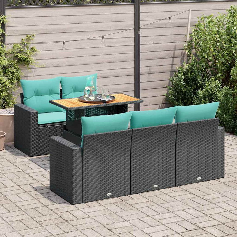 6-delige Loungeset met kussens poly rattan zwart