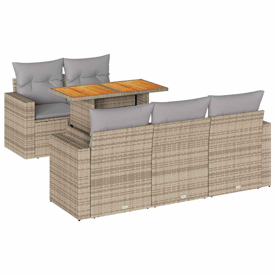 6-delige Loungeset met kussens poly rattan beige