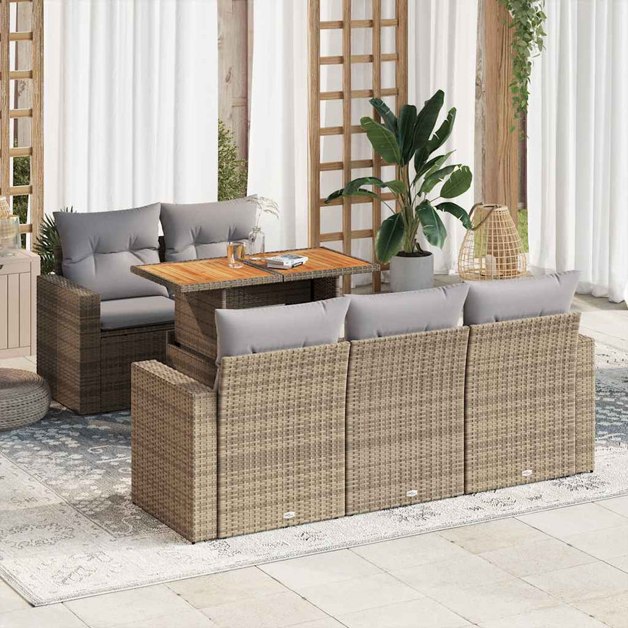 6-delige Loungeset met kussens poly rattan beige