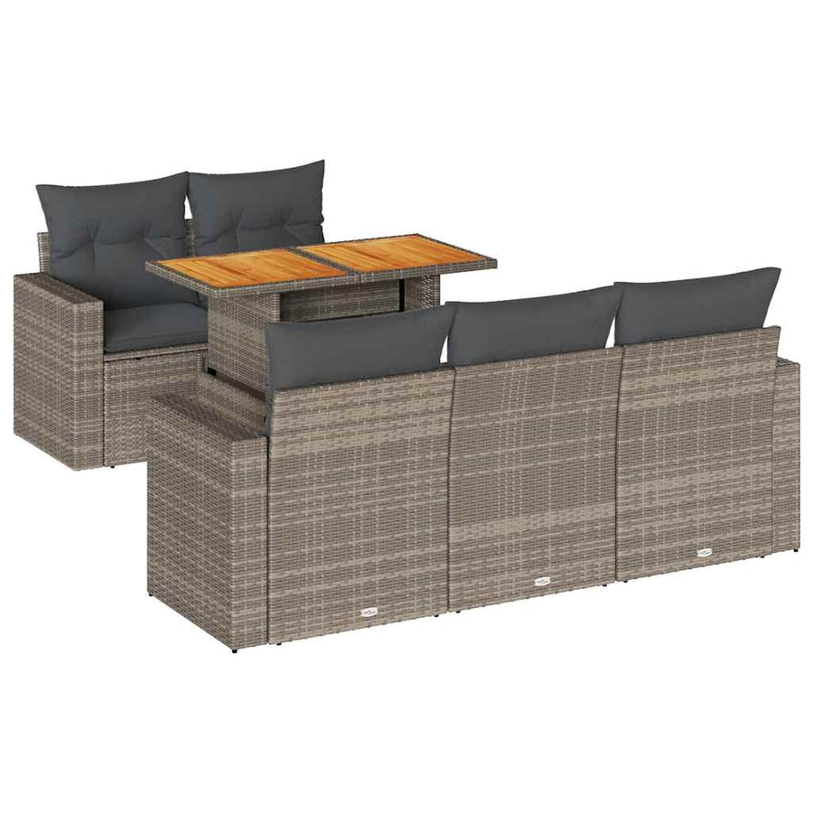 6-delige Loungeset met kussens poly rattan grijs