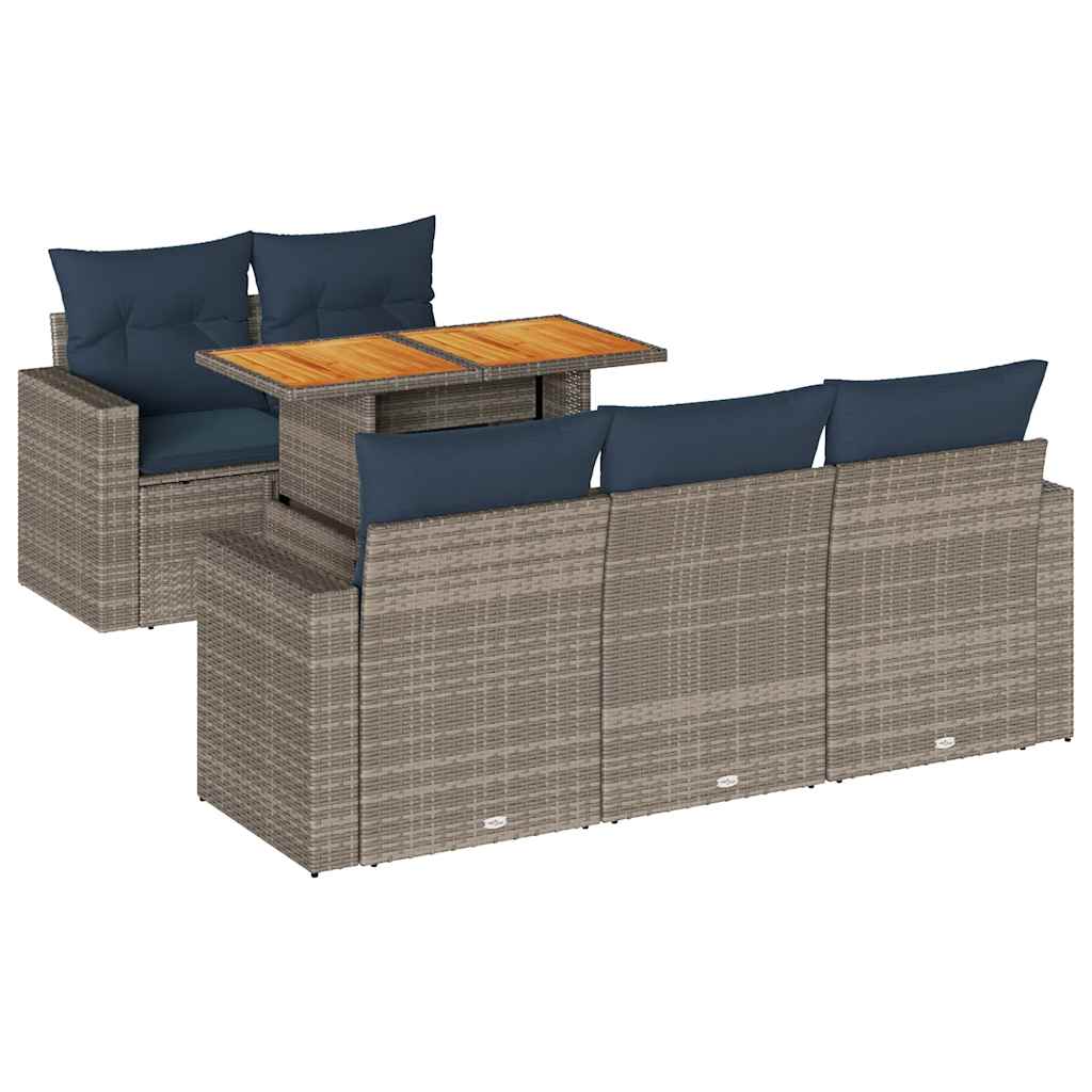 6-delige Loungeset met kussens poly rattan grijs