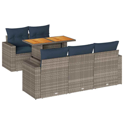 6-delige Loungeset met kussens poly rattan grijs