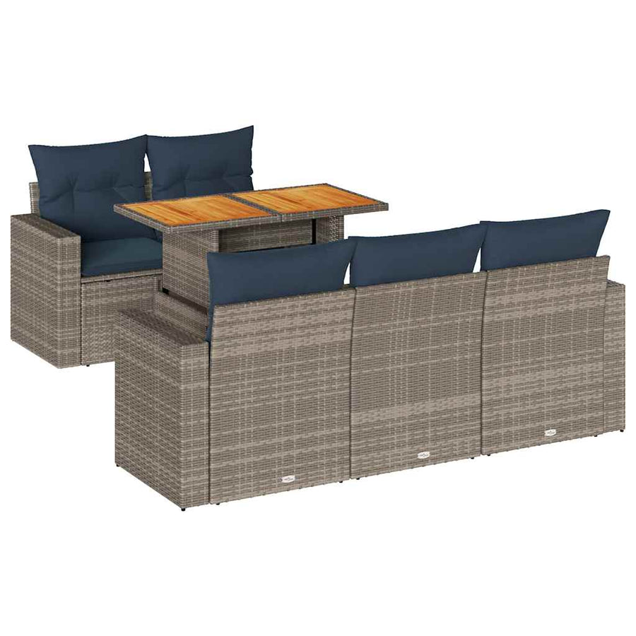 6-delige Loungeset met kussens poly rattan grijs