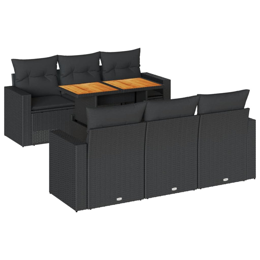 7-delige Loungeset met kussens poly rattan zwart