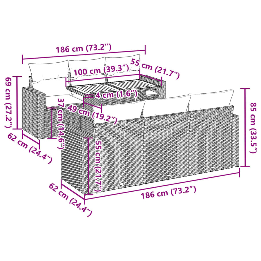 7-delige Loungeset met kussens poly rattan zwart
