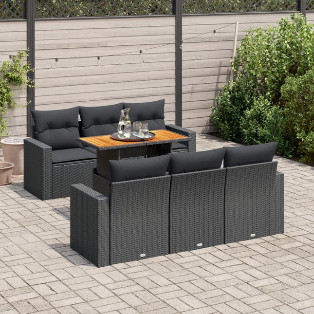 7-delige Loungeset met kussens poly rattan zwart