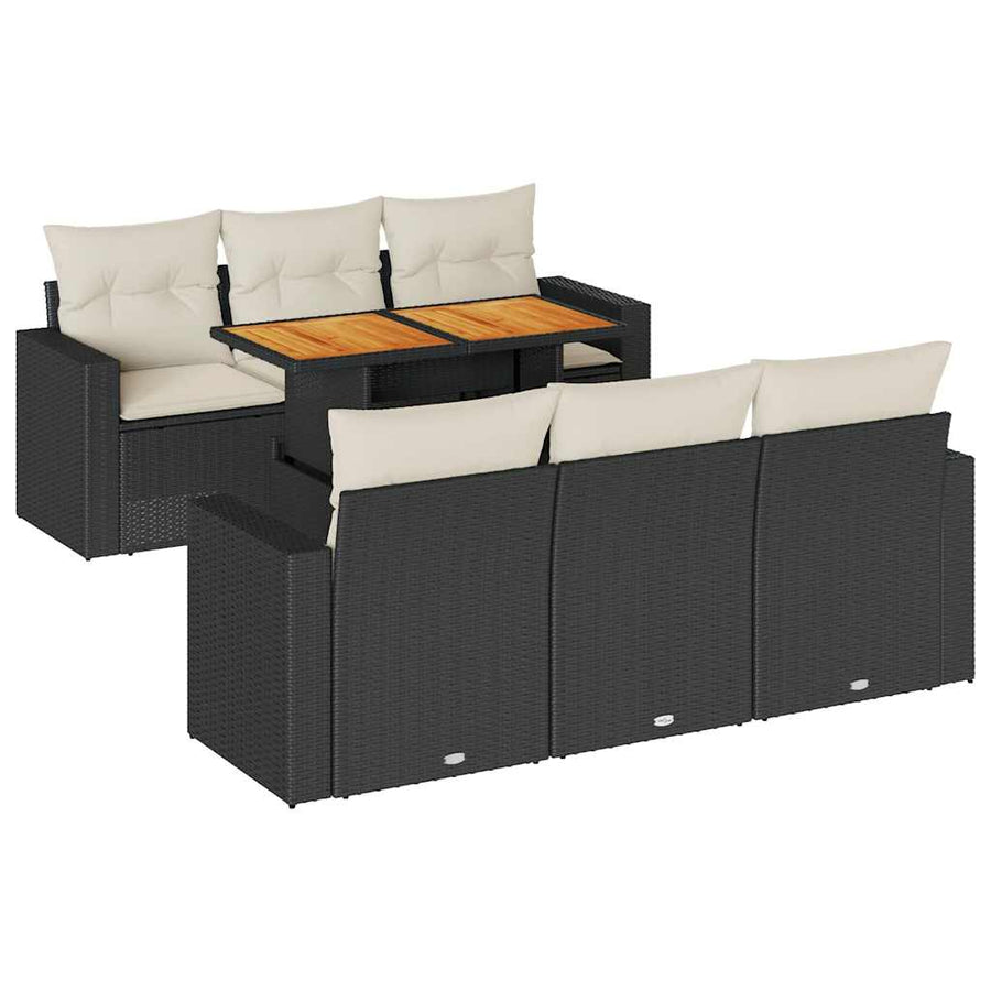 7-delige Loungeset met kussens poly rattan zwart