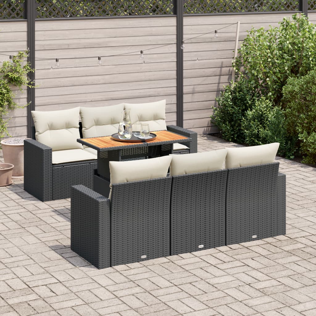 7-delige Loungeset met kussens poly rattan zwart