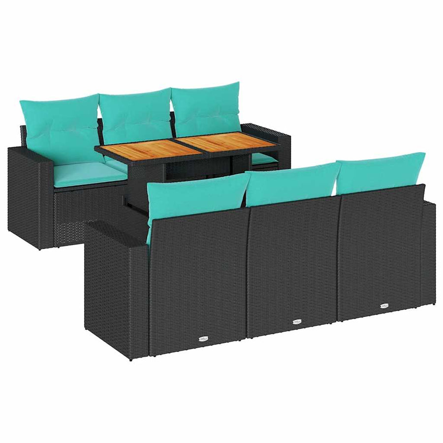7-delige Loungeset met kussens poly rattan zwart