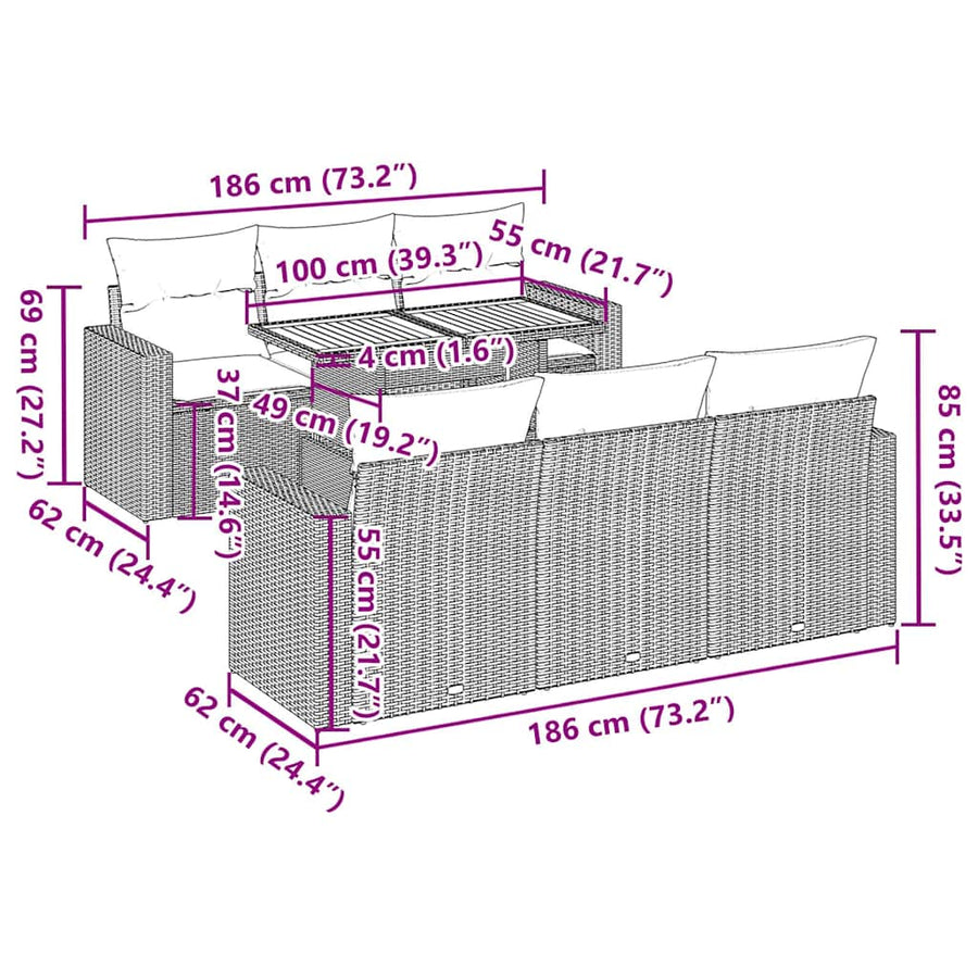 7-delige Loungeset met kussens poly rattan zwart