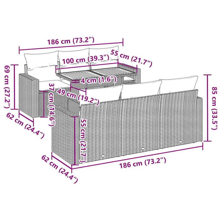 7-delige Loungeset met kussens poly rattan grijs