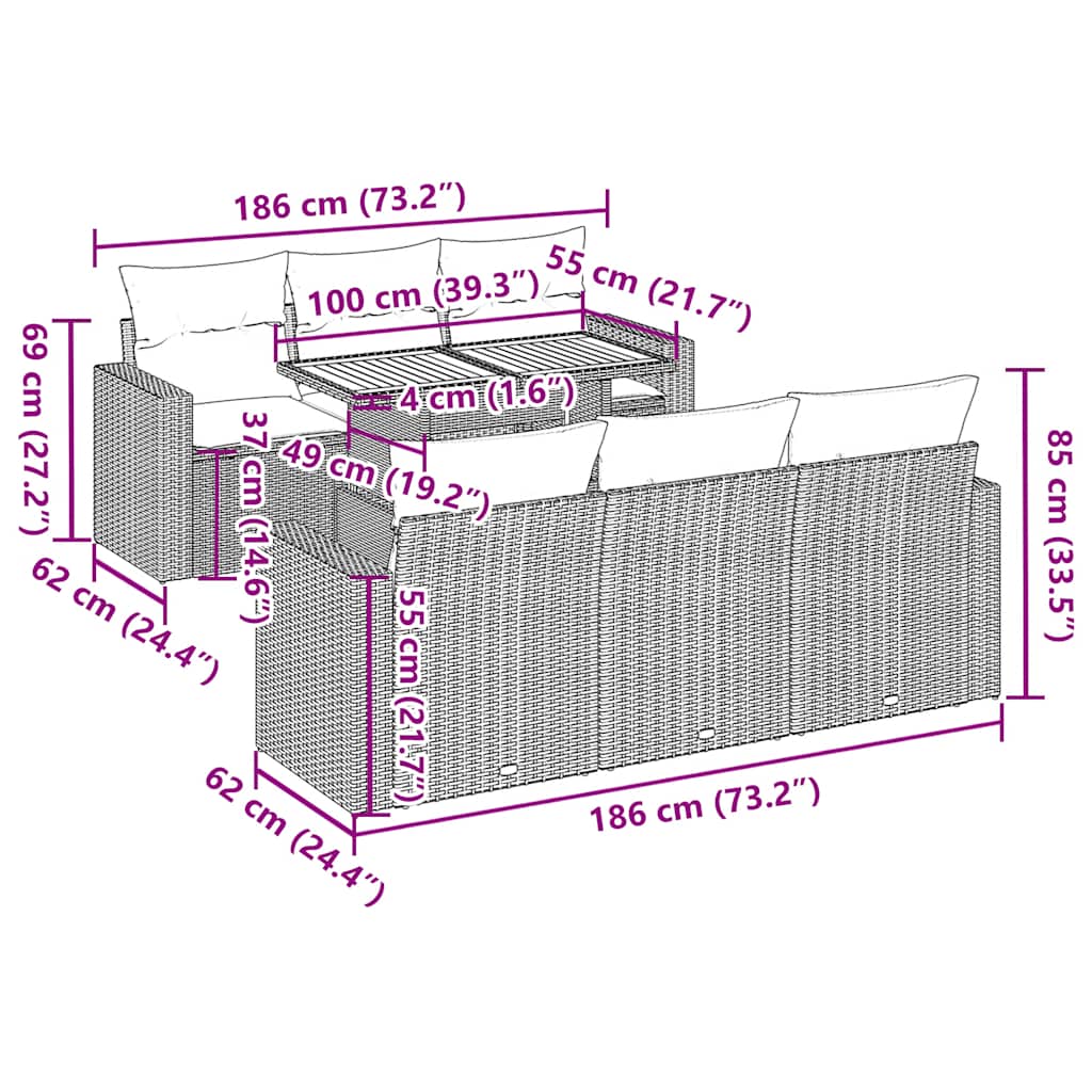 7-delige Loungeset met kussens poly rattan grijs
