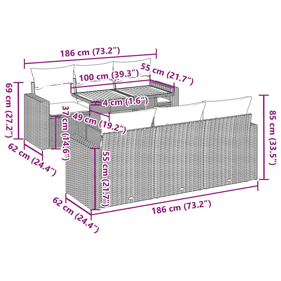 7-delige Loungeset met kussens poly rattan grijs