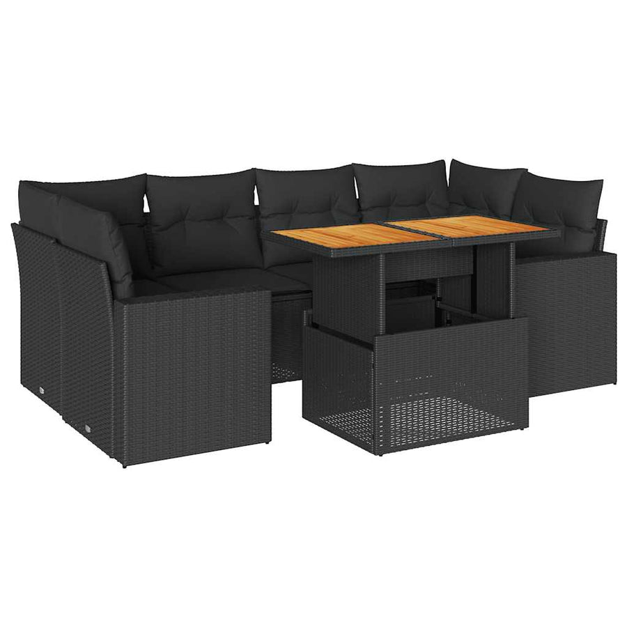 7-delige Loungeset met kussens poly rattan zwart