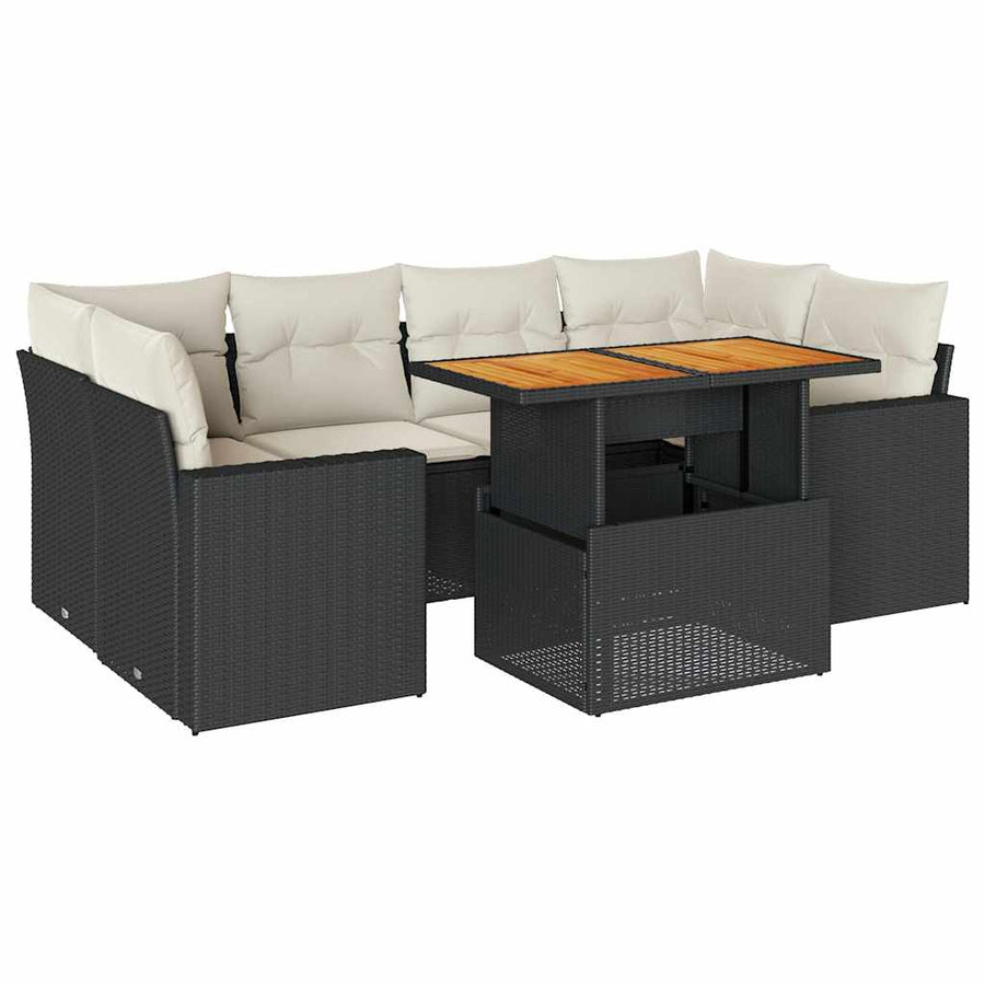 7-delige Loungeset met kussens poly rattan zwart