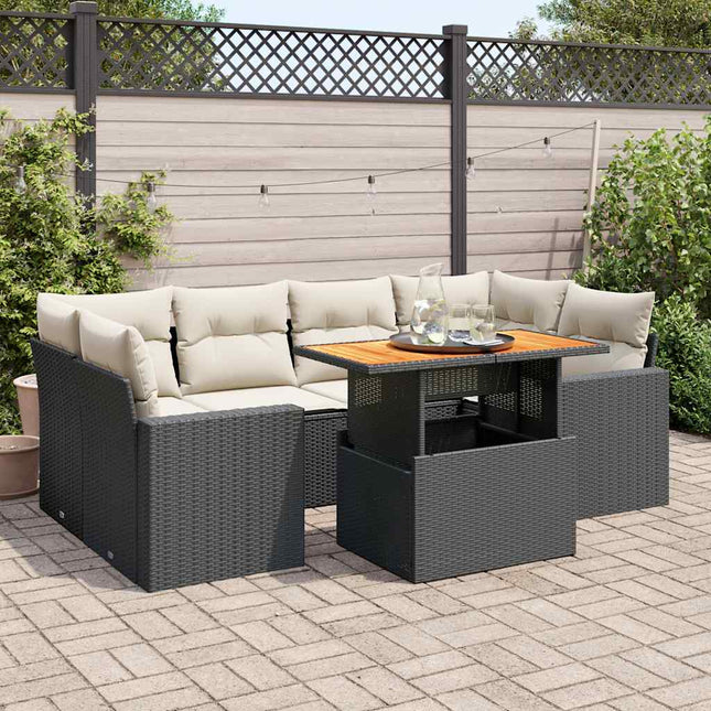 7-delige Loungeset met kussens poly rattan zwart