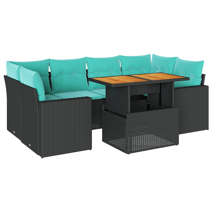 7-delige Loungeset met kussens poly rattan zwart