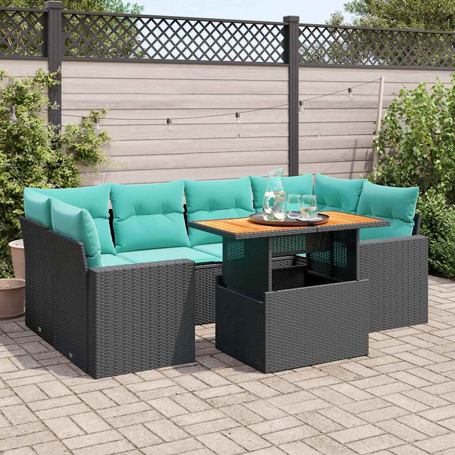 7-delige Loungeset met kussens poly rattan zwart