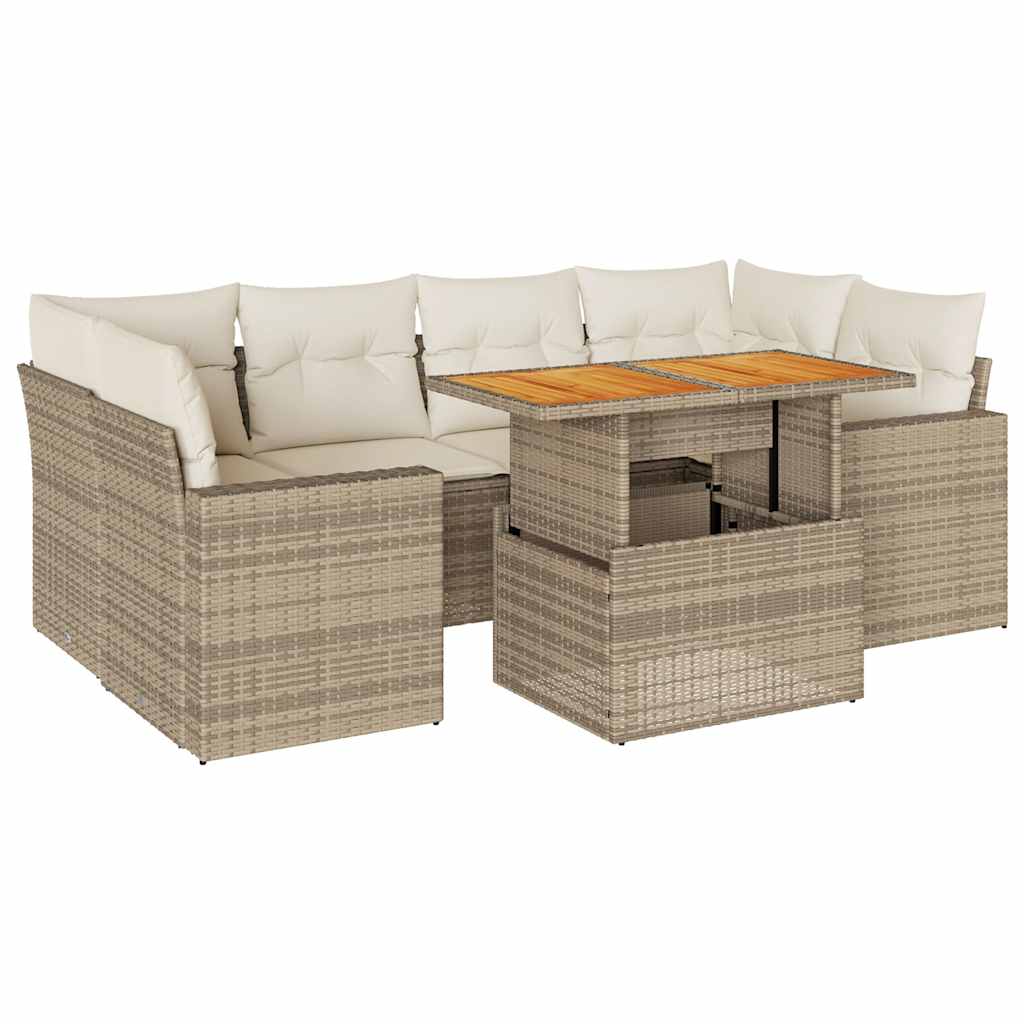 7-delige Loungeset met kussens poly rattan beige