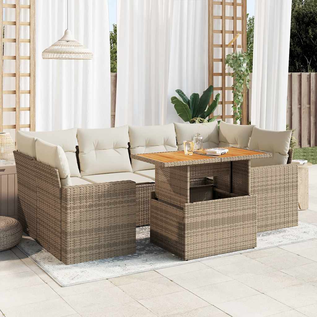 7-delige Loungeset met kussens poly rattan beige