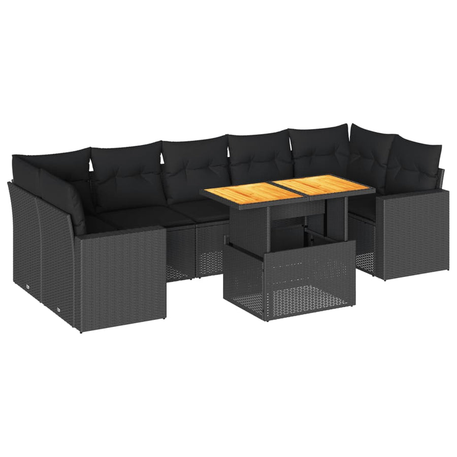8-delige Loungeset met kussens poly rattan zwart