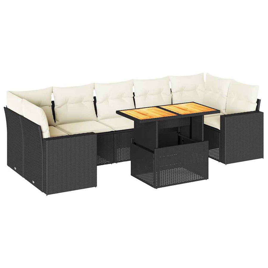 8-delige Loungeset met kussens poly rattan zwart
