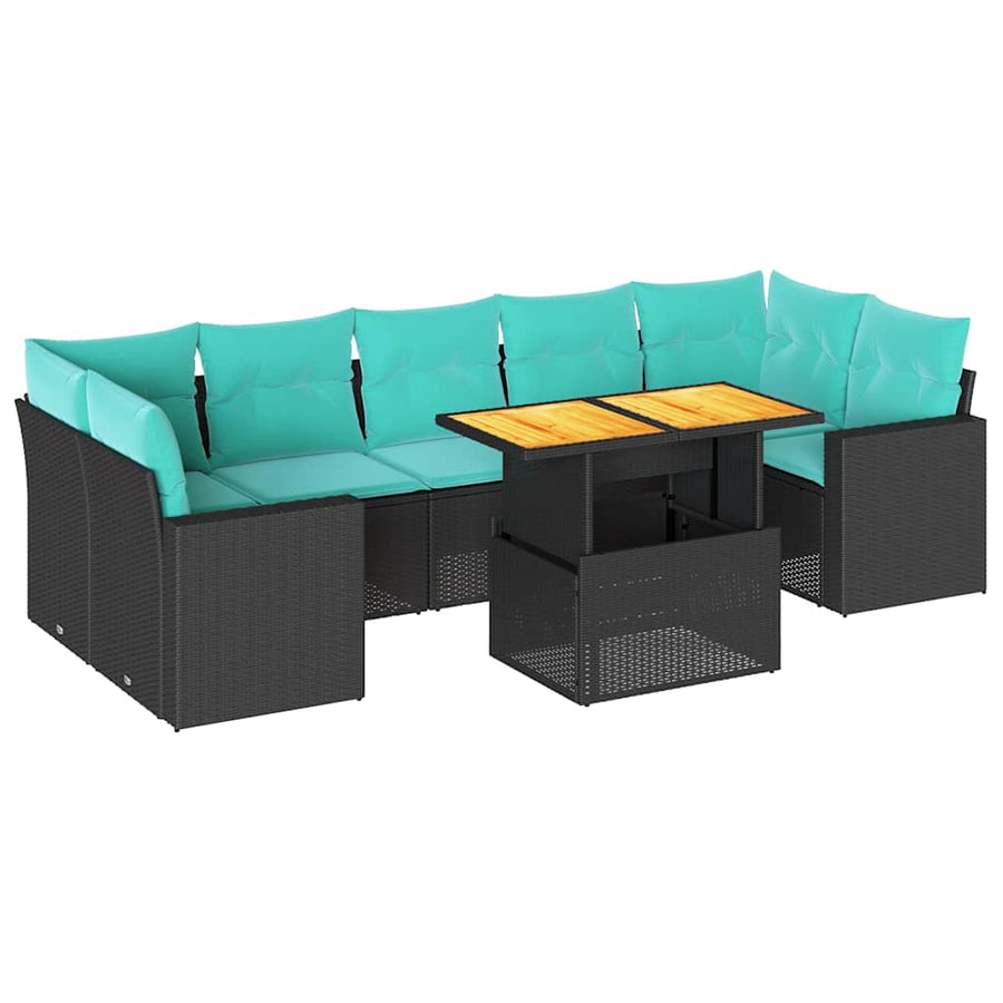 8-delige Loungeset met kussens poly rattan zwart