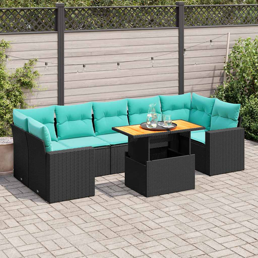8-delige Loungeset met kussens poly rattan zwart
