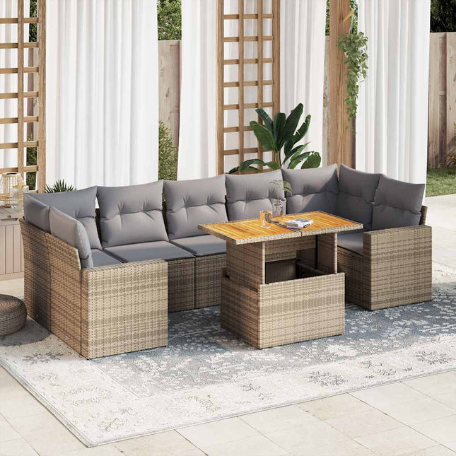 8-delige Loungeset met kussens poly rattan beige