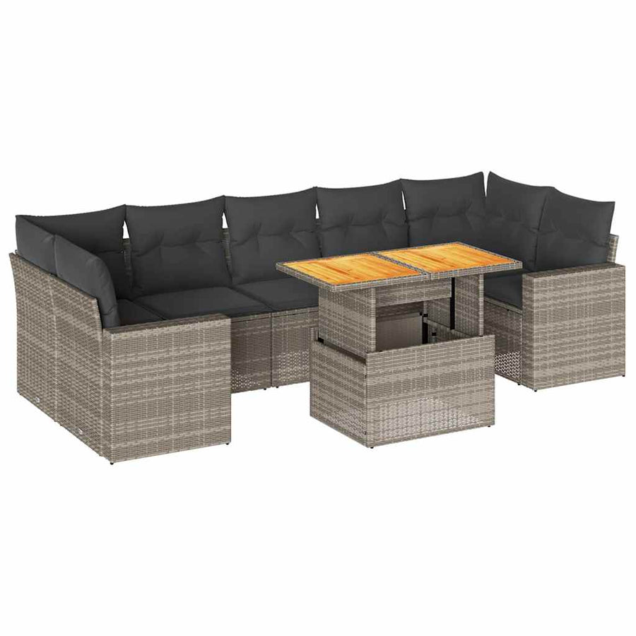 8-delige Loungeset met kussens poly rattan grijs