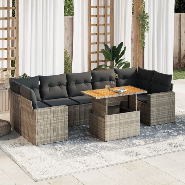 8-delige Loungeset met kussens poly rattan grijs