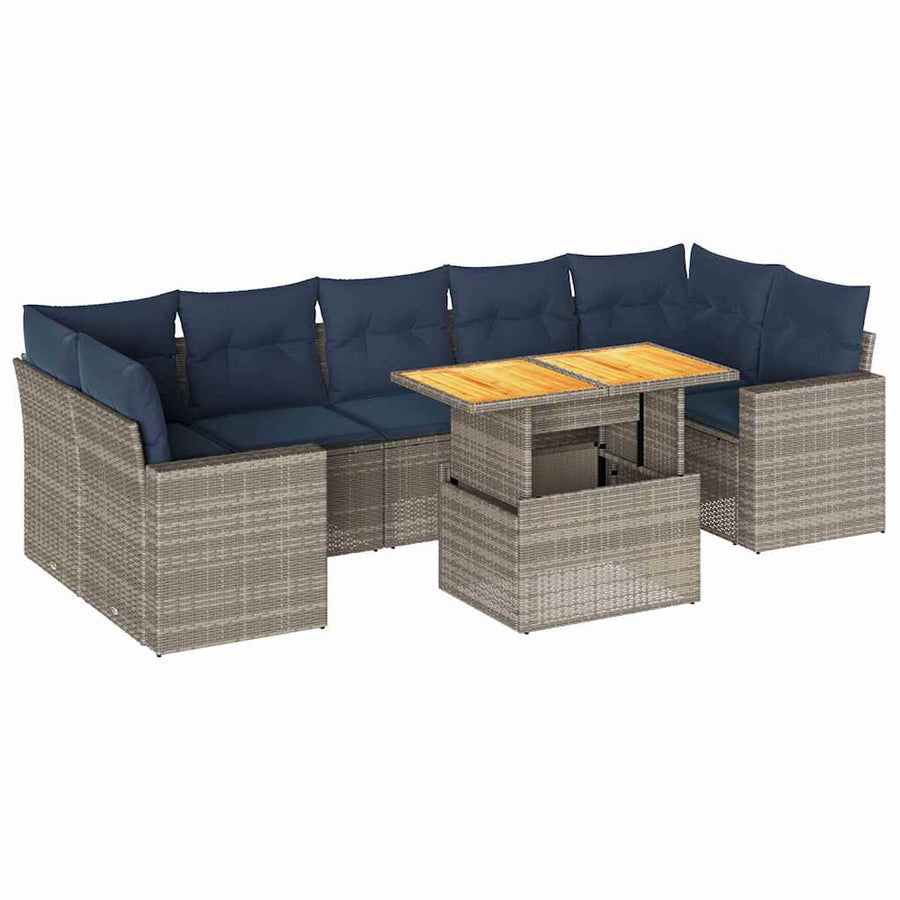 8-delige Loungeset met kussens poly rattan grijs
