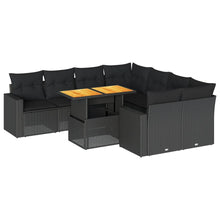 9-delige Loungeset met kussens poly rattan zwart