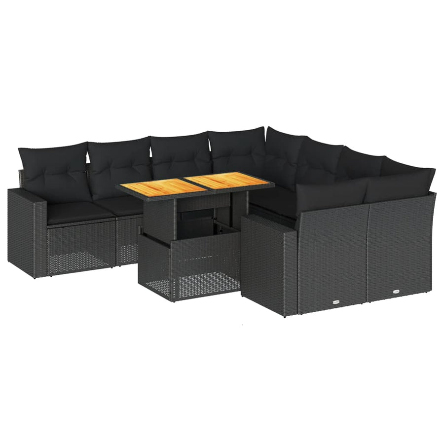 9-delige Loungeset met kussens poly rattan zwart