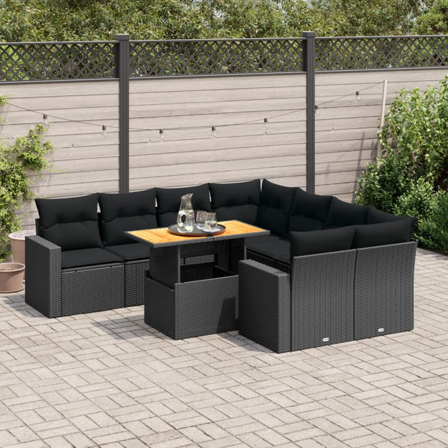 9-delige Loungeset met kussens poly rattan zwart