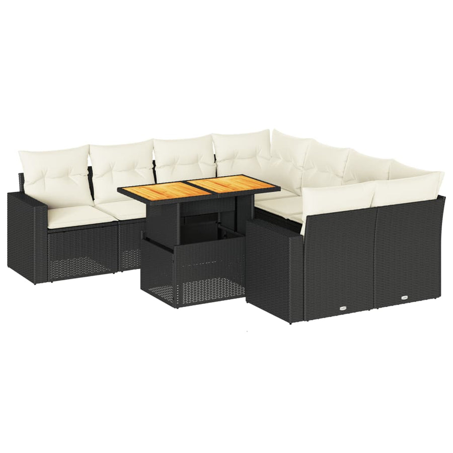 9-delige Loungeset met kussens poly rattan zwart