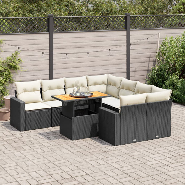 9-delige Loungeset met kussens poly rattan zwart