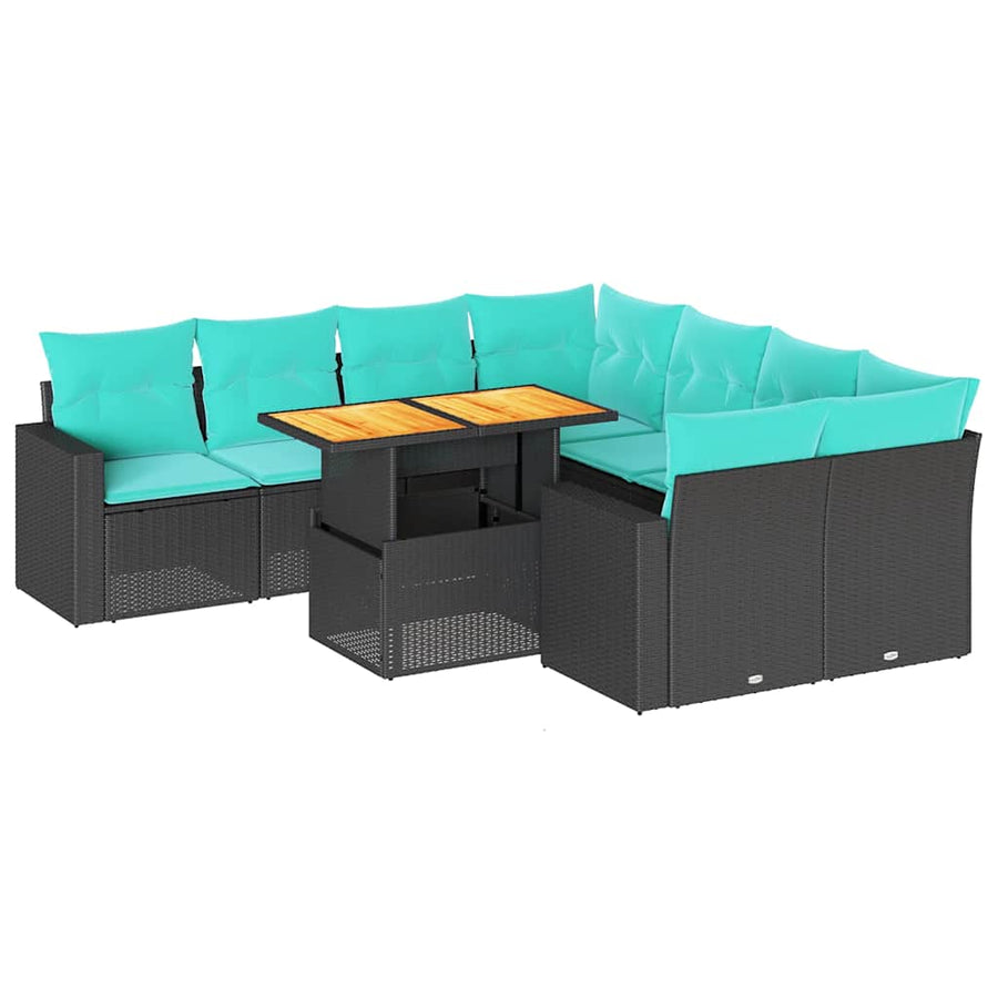 9-delige Loungeset met kussens poly rattan zwart