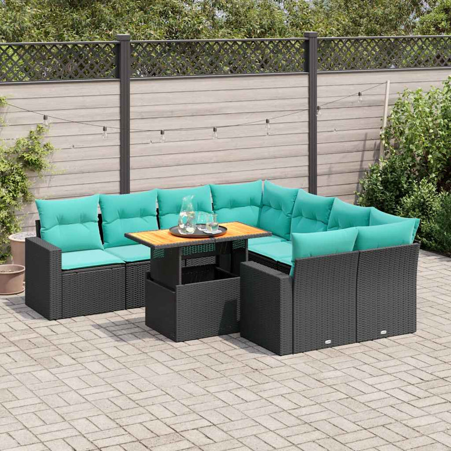 9-delige Loungeset met kussens poly rattan zwart