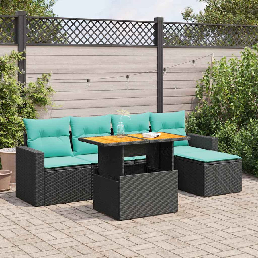 6-delige Loungeset met kussens poly rattan zwart