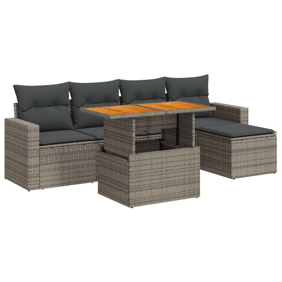 6-delige Loungeset met kussens poly rattan grijs