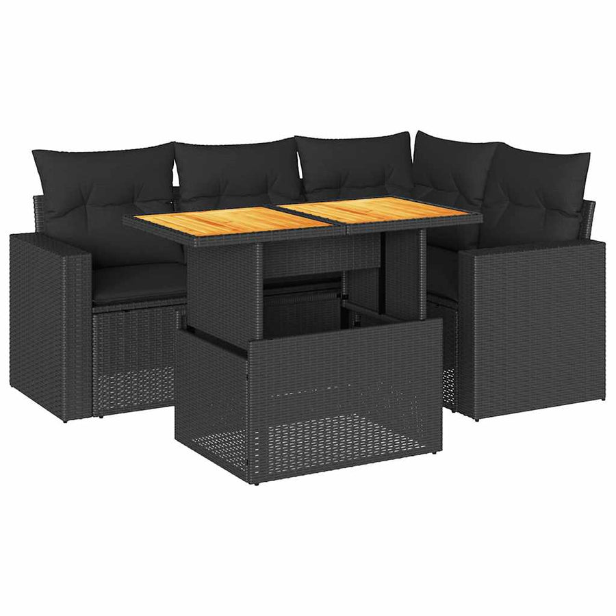 5-delige Loungeset met kussens poly rattan zwart