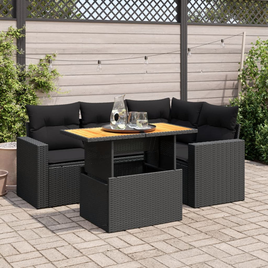 5-delige Loungeset met kussens poly rattan zwart