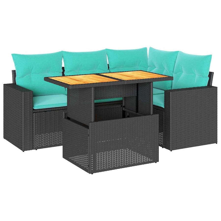 5-delige Loungeset met kussens poly rattan zwart