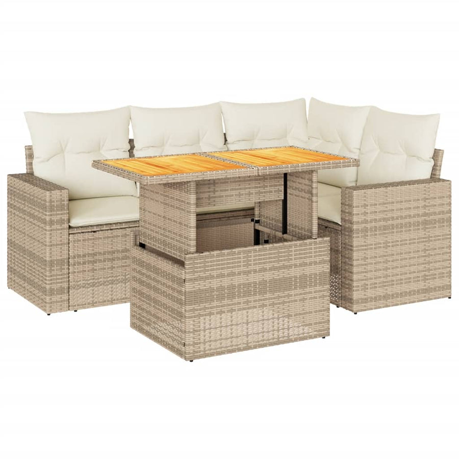 5-delige Loungeset met kussens poly rattan beige