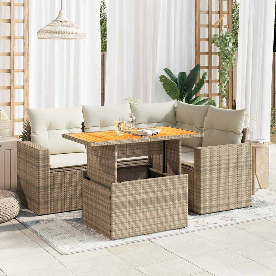 5-delige Loungeset met kussens poly rattan beige
